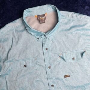 ARIAT REBAR Mens Blue Short Sleeve Button Up Shirt XXL Lightweight Tech Polo
